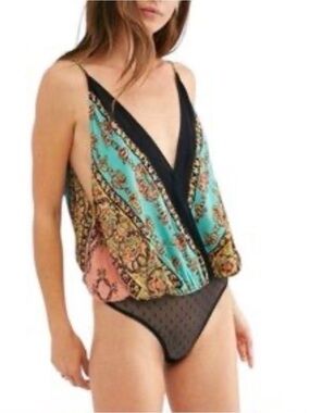 Intimately Free People ,Printed V-Neck Surplice Bodysuit in Teal & Black